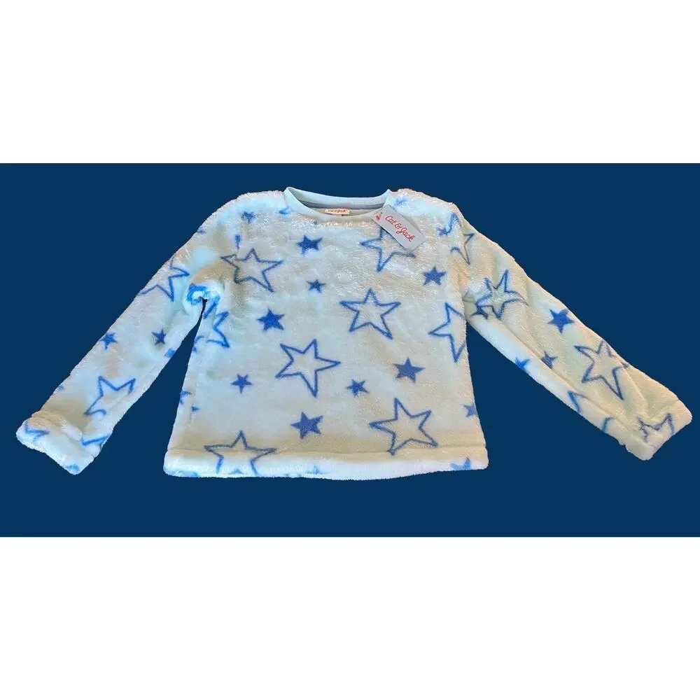Furry Fleece Blue Star Shirt 7/8 Medium Girls Boys Soft Long Sleeve Tee Top New